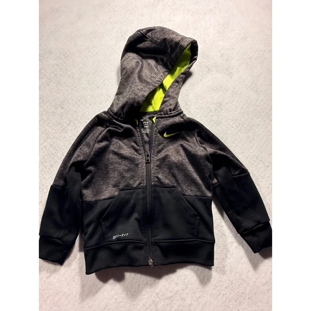Nike Dri-FIT Boys 18M Full Zip Hoodie Charcoal Black Neon Yellow Athletic Jacket